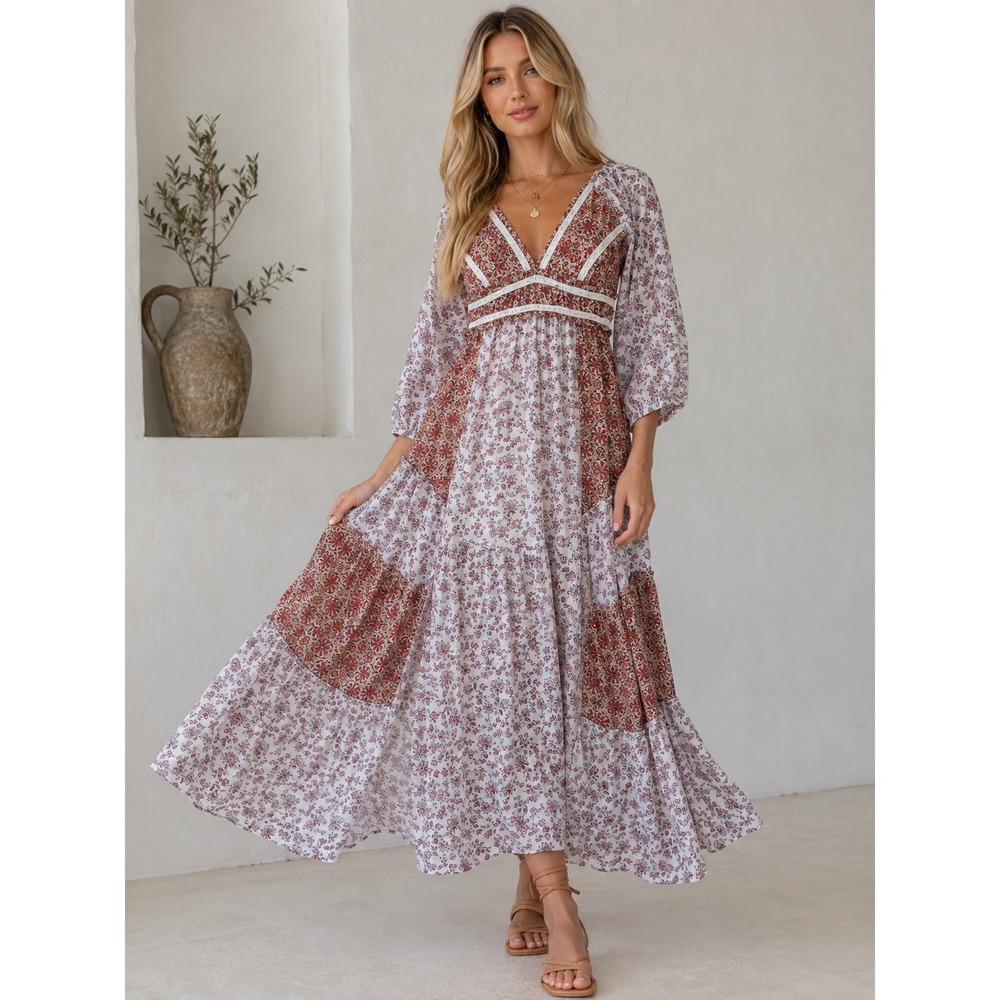 Forever 21 Floral Patchwork Lace Trim V-Neck Maxi Dress Burgundy White Small